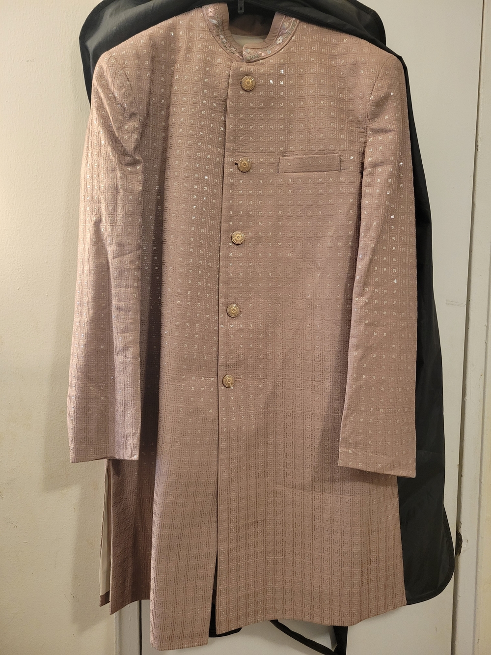 Men's Dusty Rose Textured Sherwani Suit W/ Peacock Embroidery Inner And Pants XL